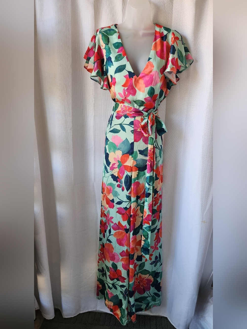 Zara Silky Floral V-Neck Wide-Leg Short Flutter Sleeve Jumpsuit Size L - Picture 3 of 12